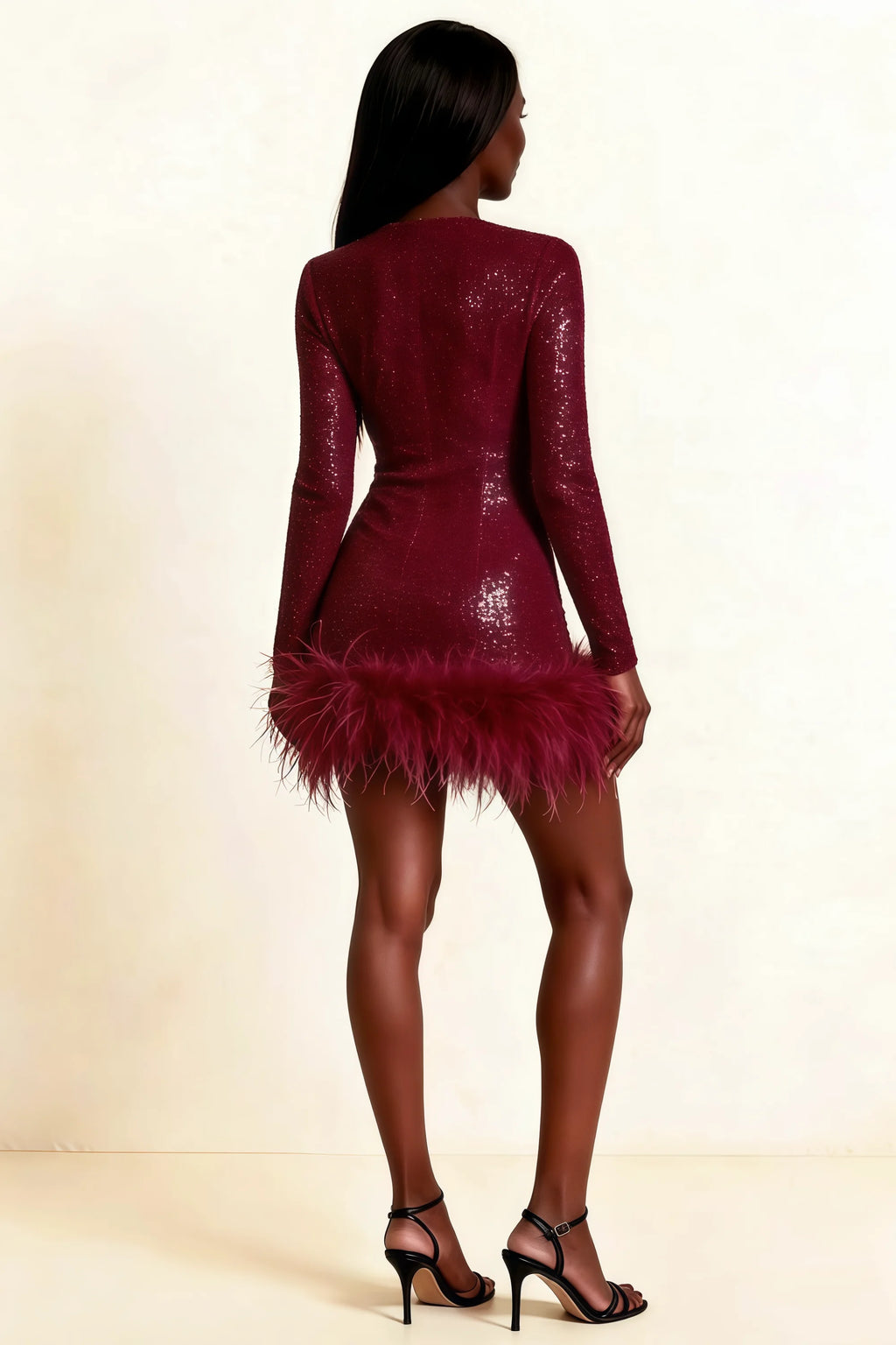 Barbara Burgundy Sequin Feather Trim Mini Dress with Long Sleeves