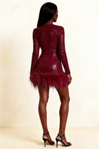 Barbara Burgundy Sequin Feather Trim Mini Dress with Long Sleeves
