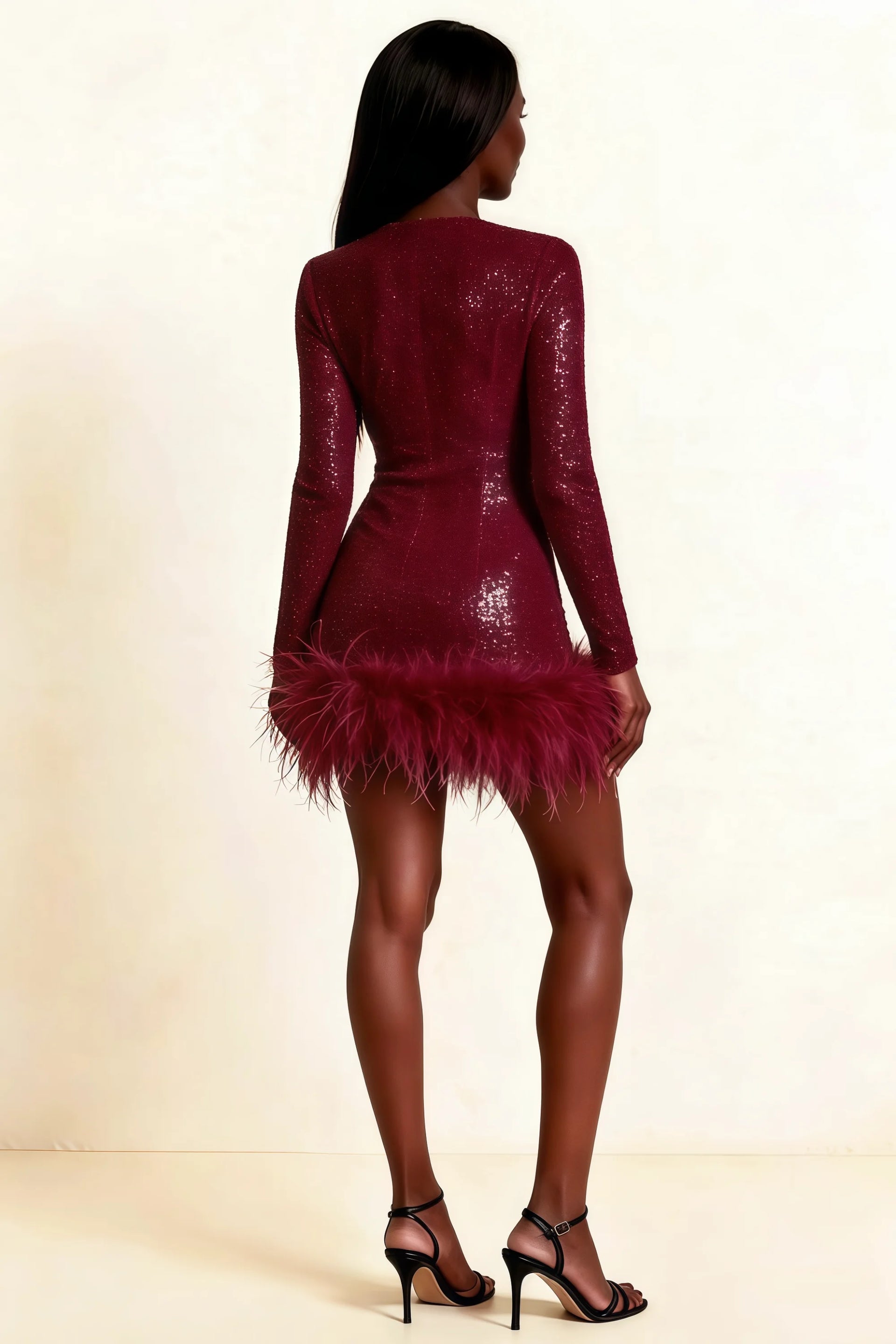 Barbara Burgundy Sequin Feather Trim Mini Dress with Long Sleeves