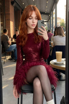 Barbara Burgundy Sequin Feather Trim Mini Dress with Long Sleeves