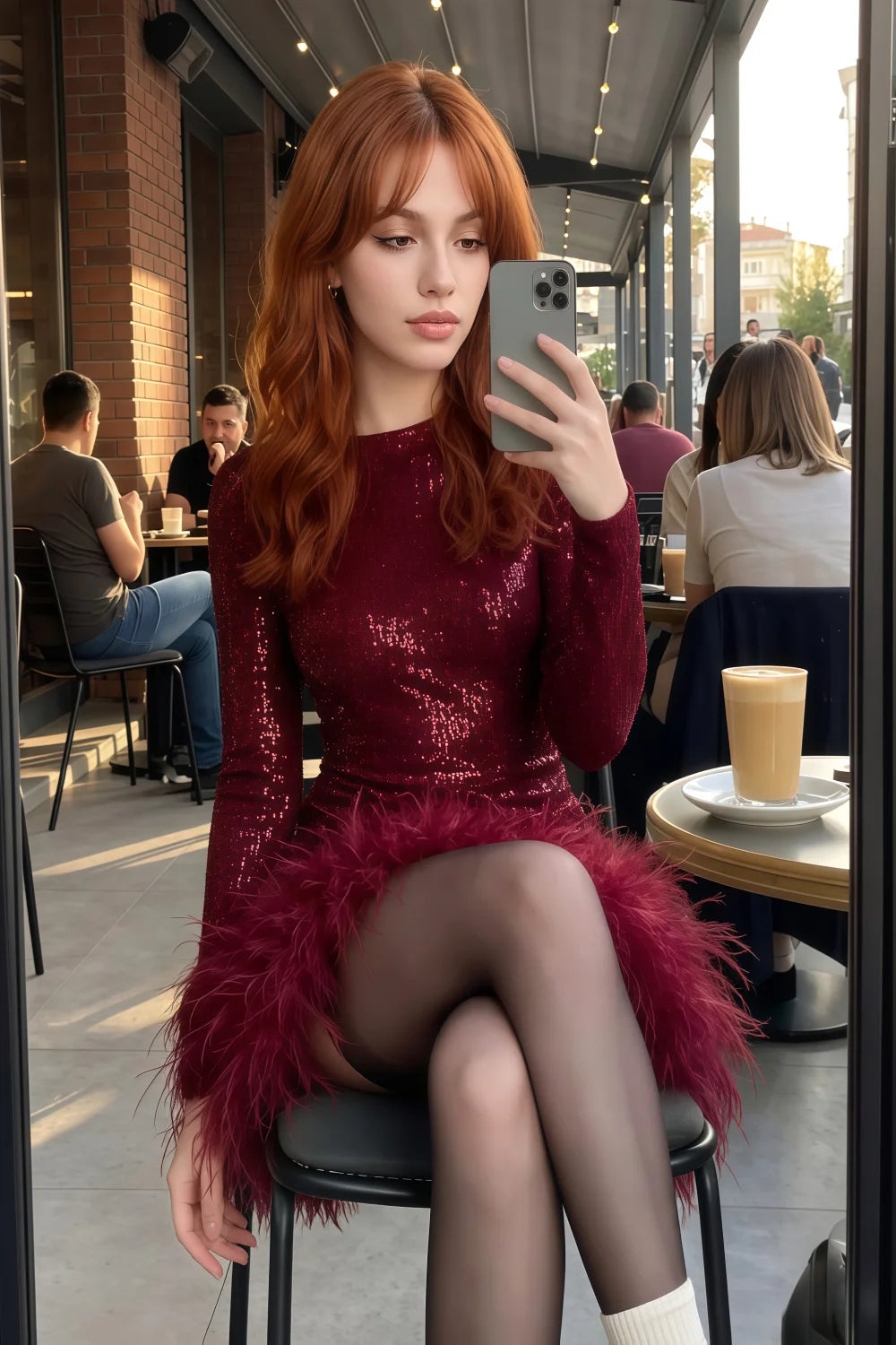 Barbara Burgundy Sequin Feather Trim Mini Dress with Long Sleeves