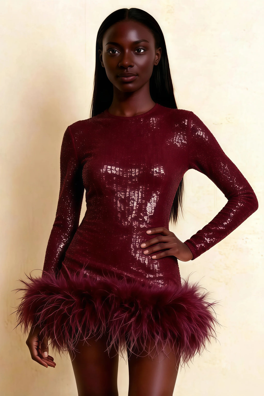 Barbara Burgundy Sequin Feather Trim Mini Dress with Long Sleeves