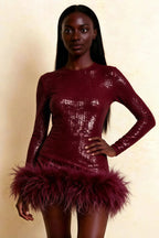 Barbara Burgundy Sequin Feather Trim Mini Dress with Long Sleeves