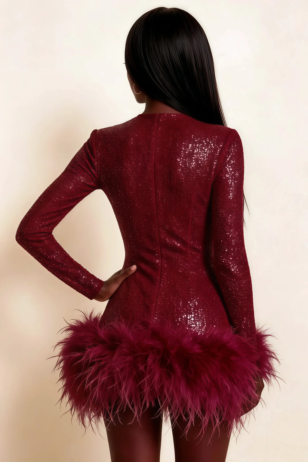 Barbara Burgundy Sequin Feather Trim Mini Dress with Long Sleeves