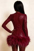 Barbara Burgundy Sequin Feather Trim Mini Dress with Long Sleeves