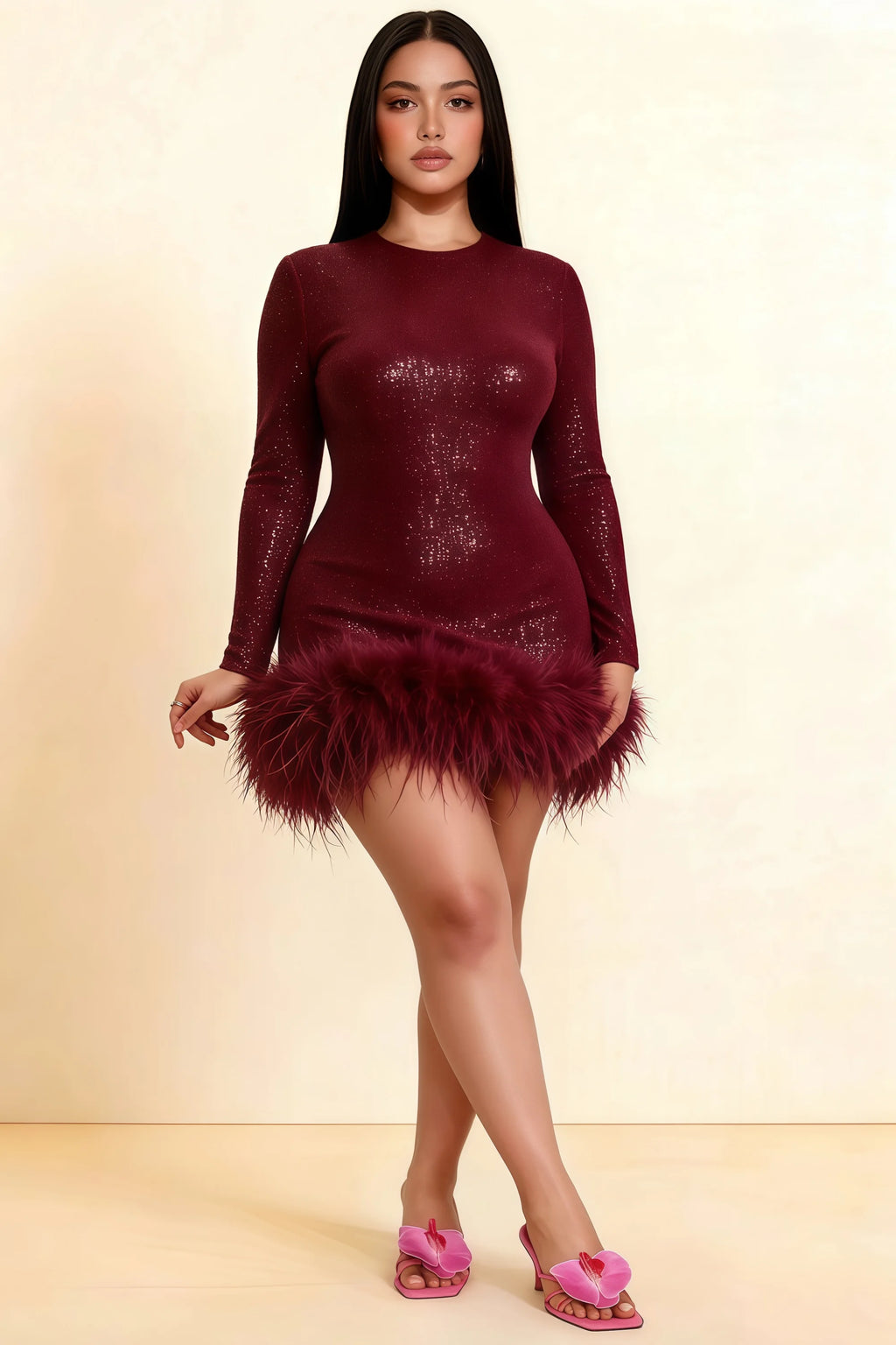 Barbara Burgundy Sequin Feather Trim Mini Dress with Long Sleeves