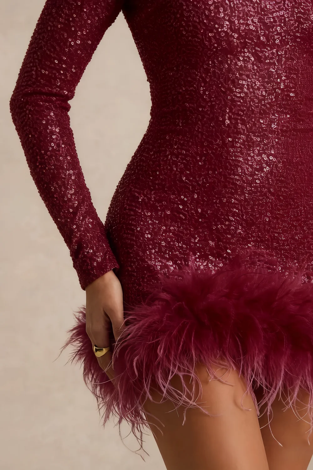 Barbara Burgundy Sequin Feather Trim Mini Dress with Long Sleeves