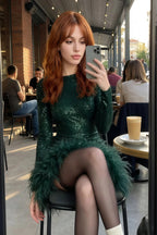 Barbara Emerald Green Sequin Feather Trim Mini Dress with Long Sleeves