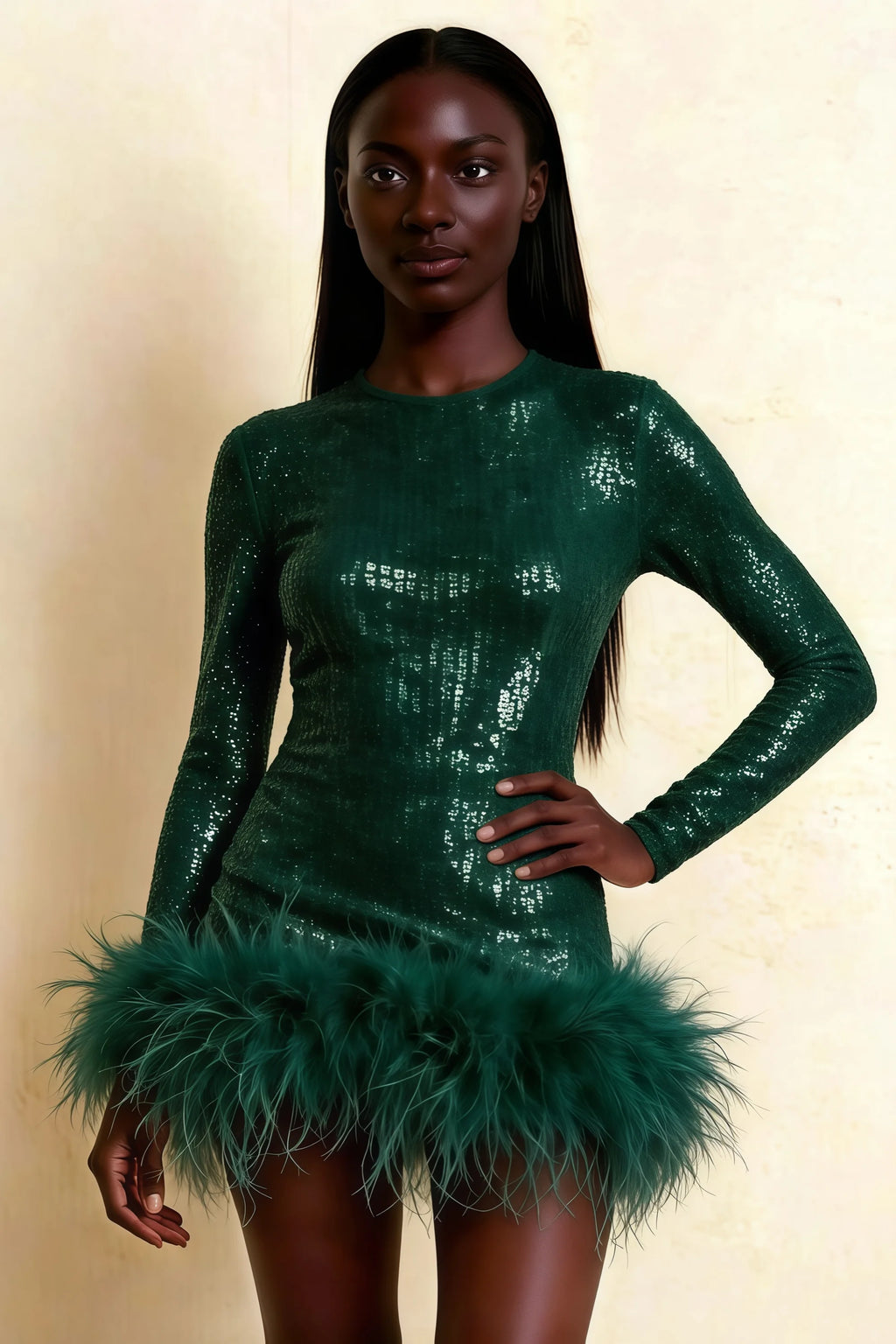 Barbara Emerald Green Sequin Feather Trim Mini Dress with Long Sleeves