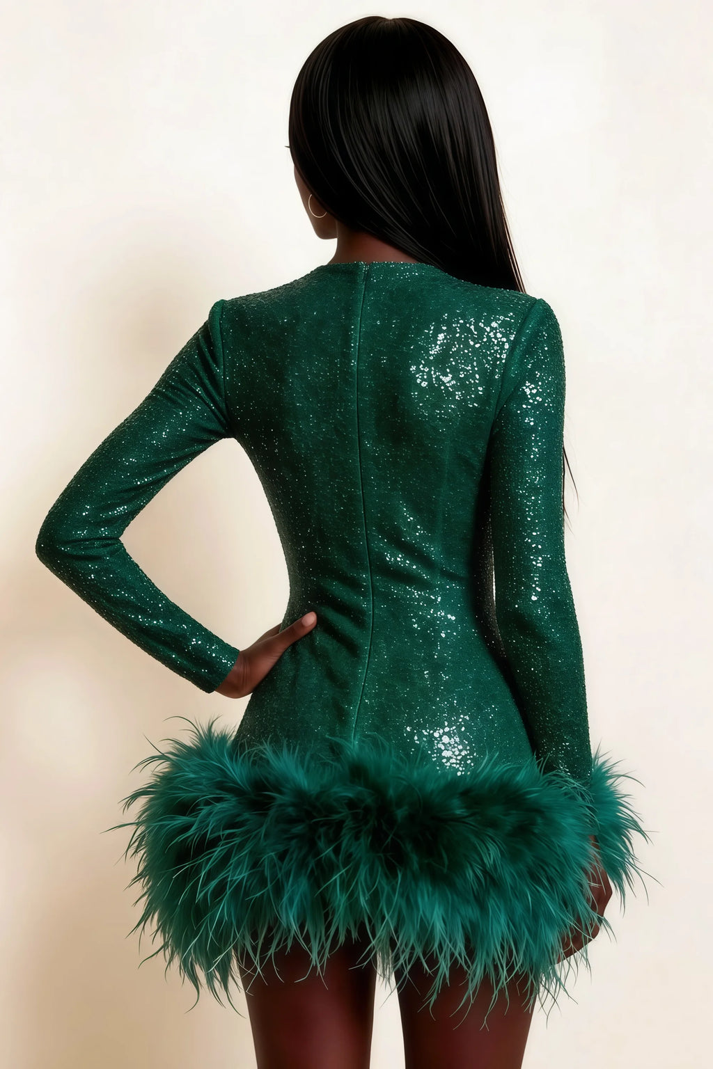 Barbara Emerald Green Sequin Feather Trim Mini Dress with Long Sleeves
