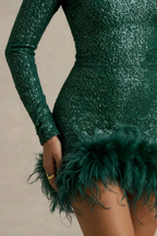 Barbara Emerald Green Sequin Feather Trim Mini Dress with Long Sleeves