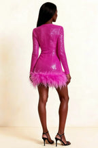 Barbara Fuchsia Sequin Feather Trim Mini Dress with Long Sleeves