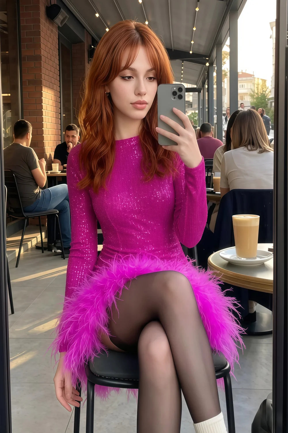 Barbara Fuchsia Sequin Feather Trim Mini Dress with Long Sleeves