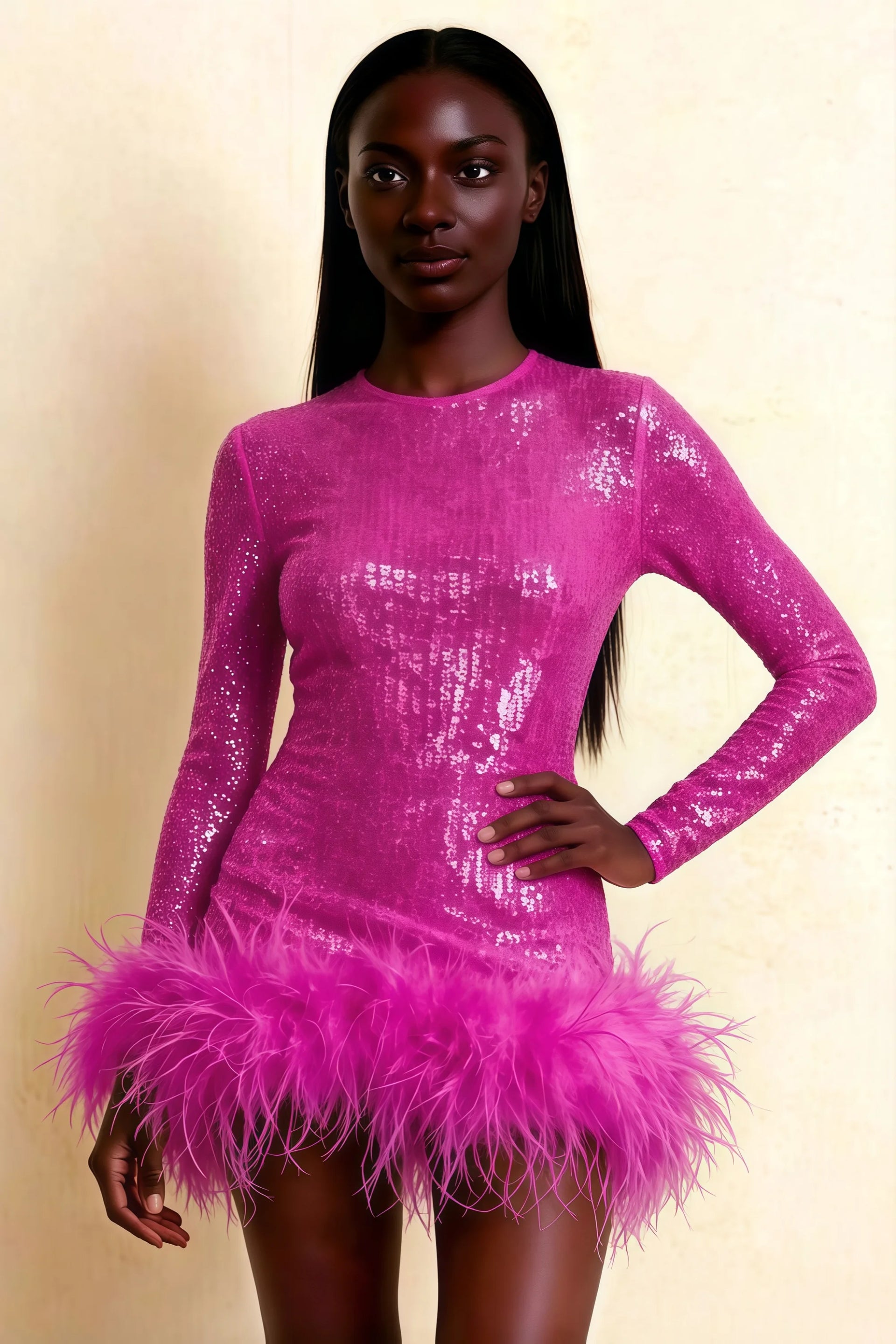Barbara Fuchsia Sequin Feather Trim Mini Dress with Long Sleeves