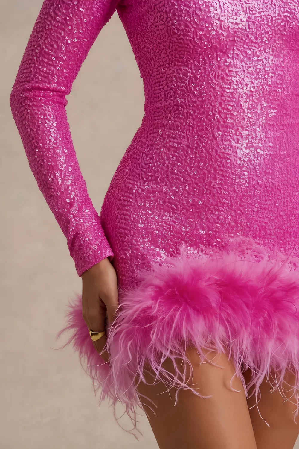 Barbara Fuchsia Sequin Feather Trim Mini Dress with Long Sleeves