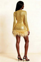 Barbara Gold Sequin Feather Trim Mini Dress with Long Sleeves