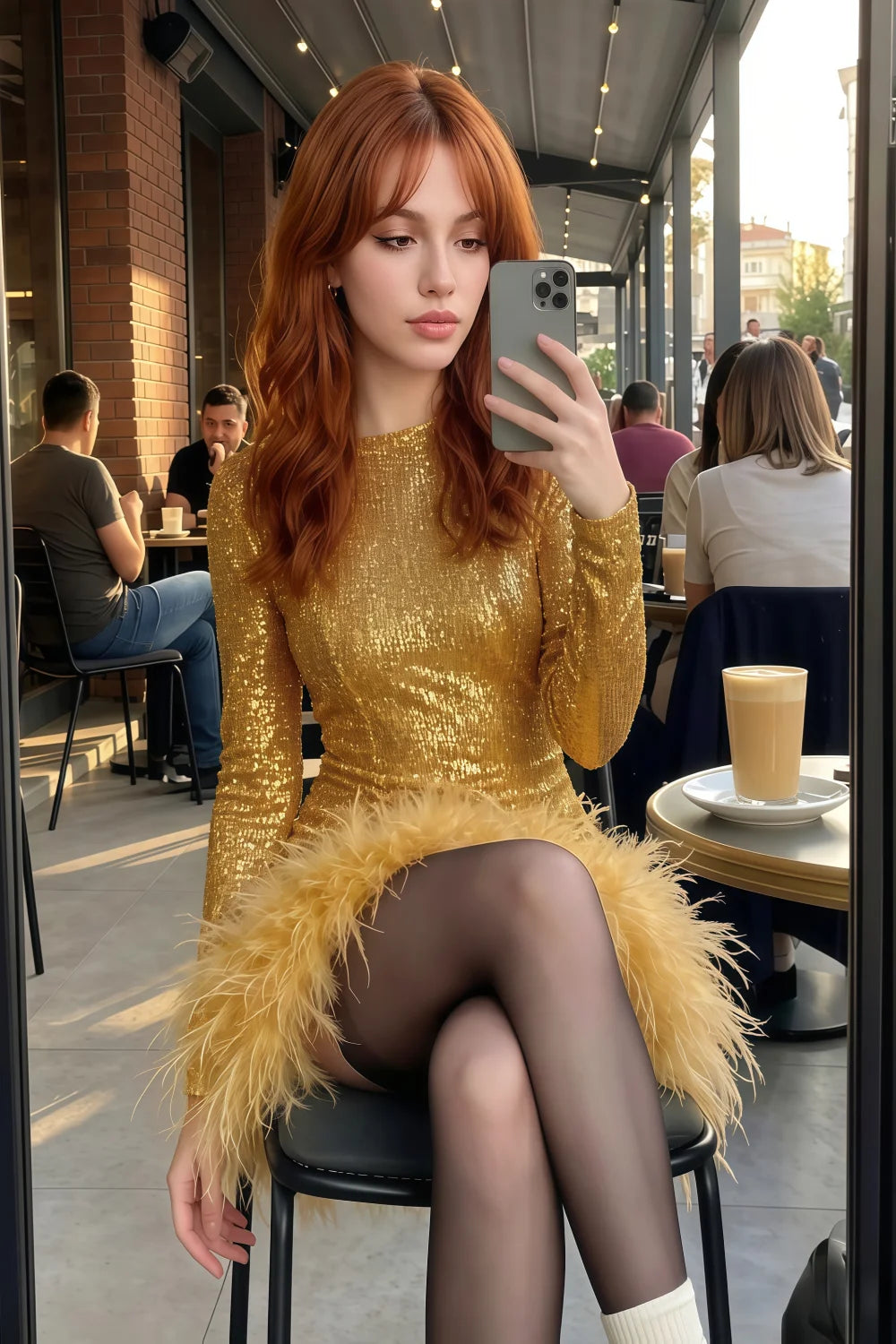 Barbara Gold Sequin Feather Trim Mini Dress with Long Sleeves