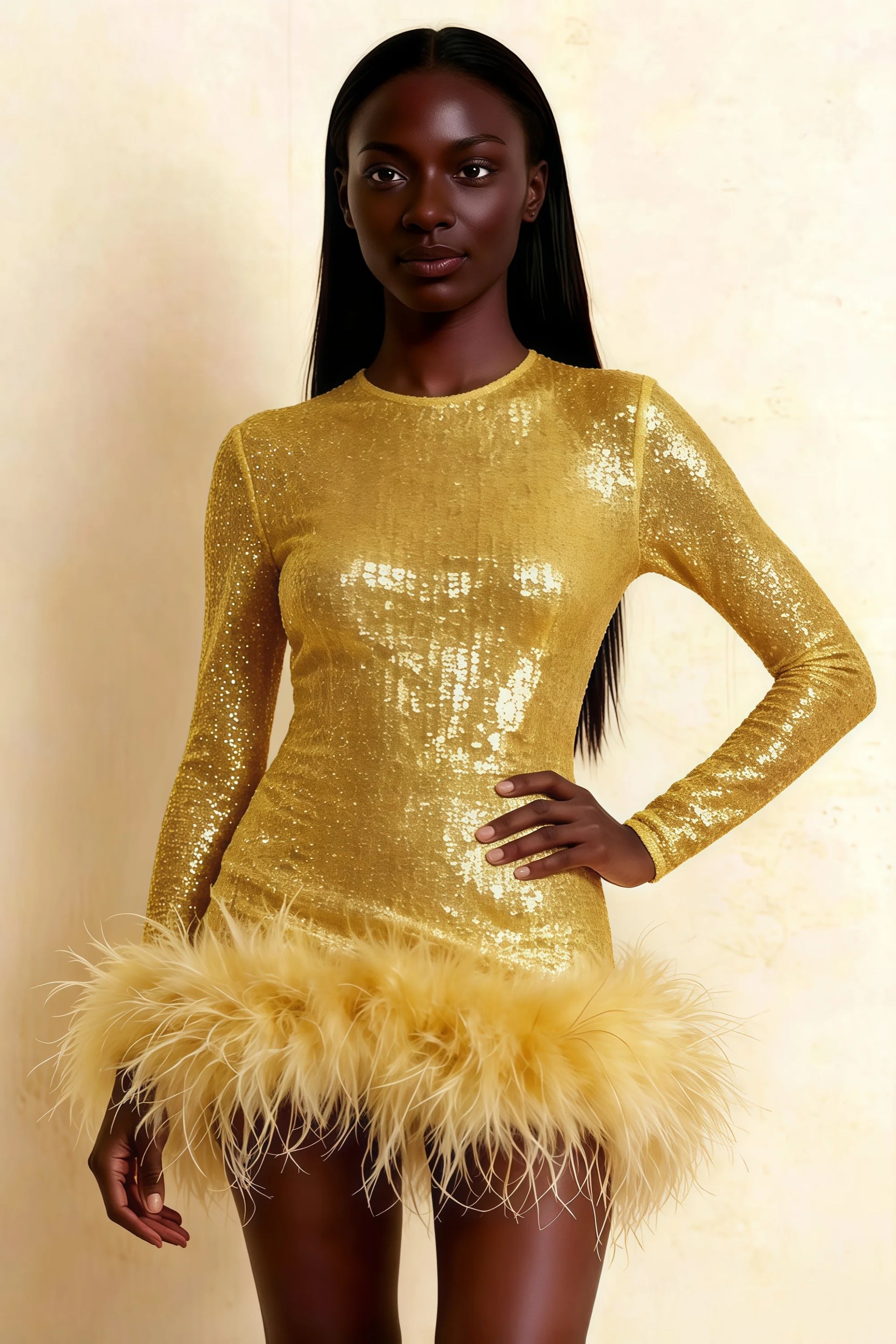 Barbara Gold Sequin Feather Trim Mini Dress with Long Sleeves