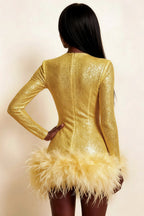 Barbara Gold Sequin Feather Trim Mini Dress with Long Sleeves