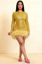 Barbara Gold Sequin Feather Trim Mini Dress with Long Sleeves