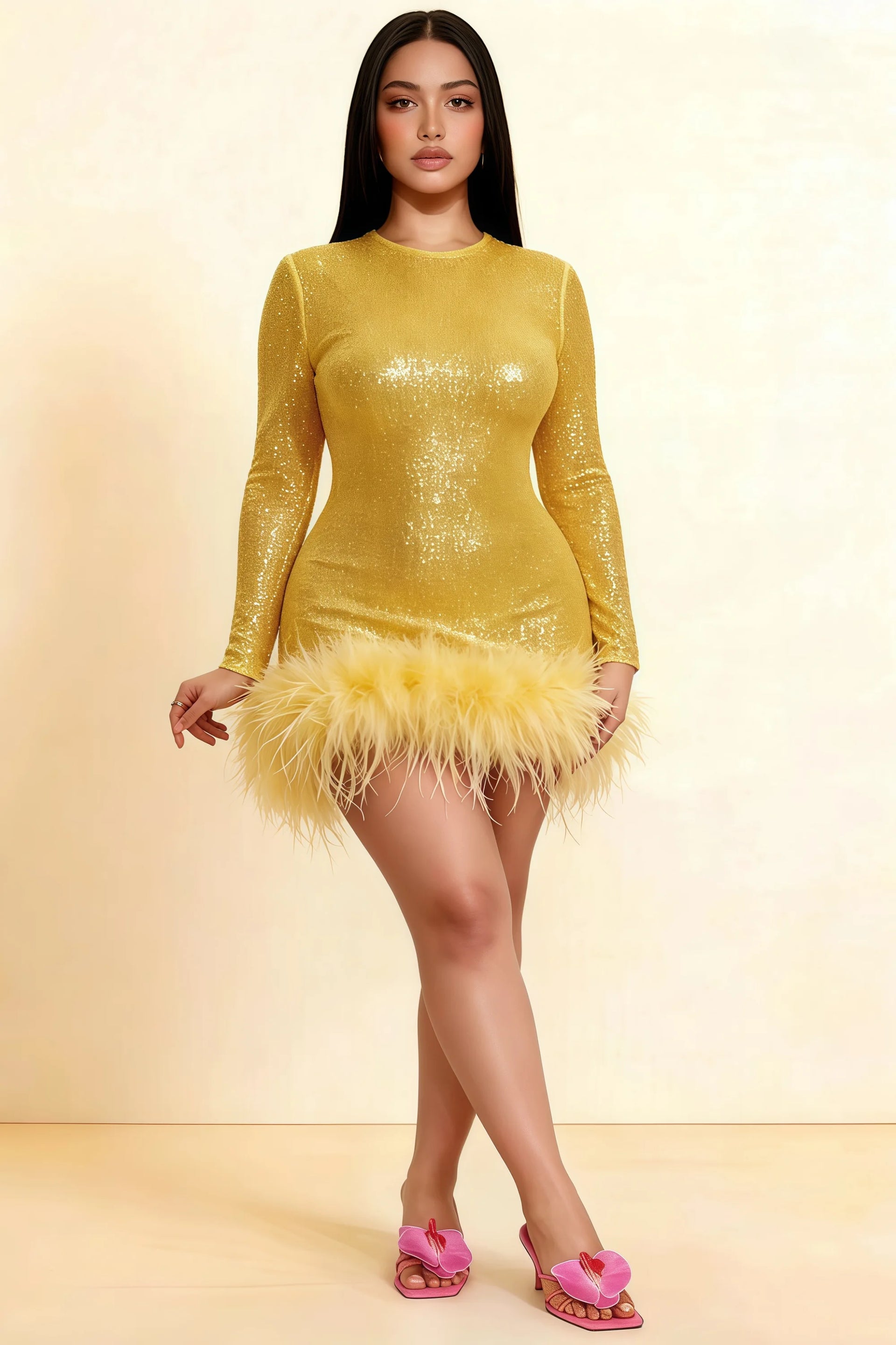 Barbara Gold Sequin Feather Trim Mini Dress with Long Sleeves