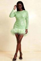 Barbara Mint Sequin Feather Trim Mini Dress with Long Sleeves