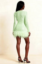 Barbara Mint Sequin Feather Trim Mini Dress with Long Sleeves