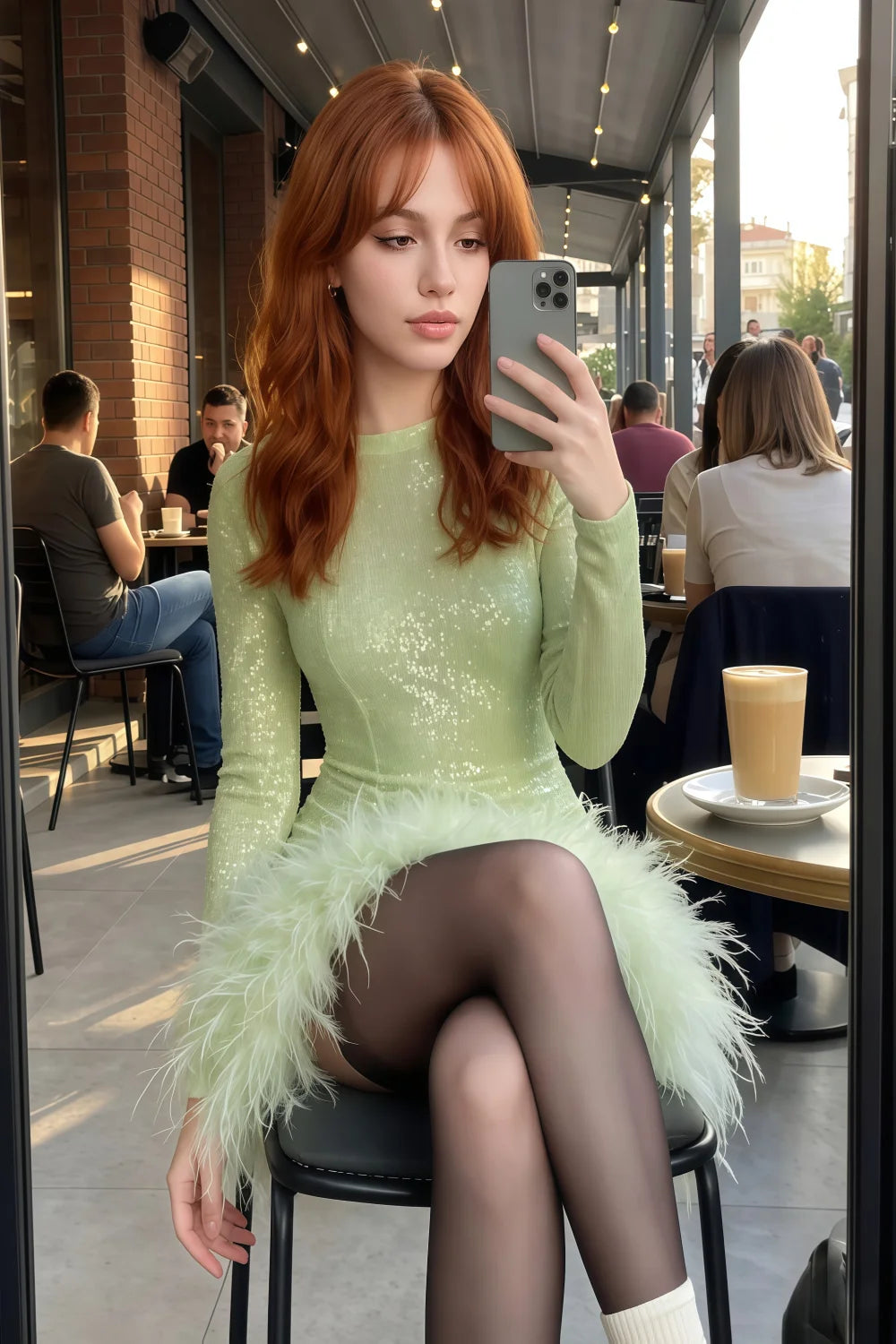 Barbara Mint Sequin Feather Trim Mini Dress with Long Sleeves
