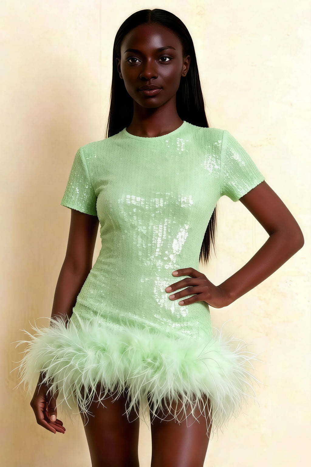 Barbara Mint Sequin Feather Trim Mini Dress with Long Sleeves