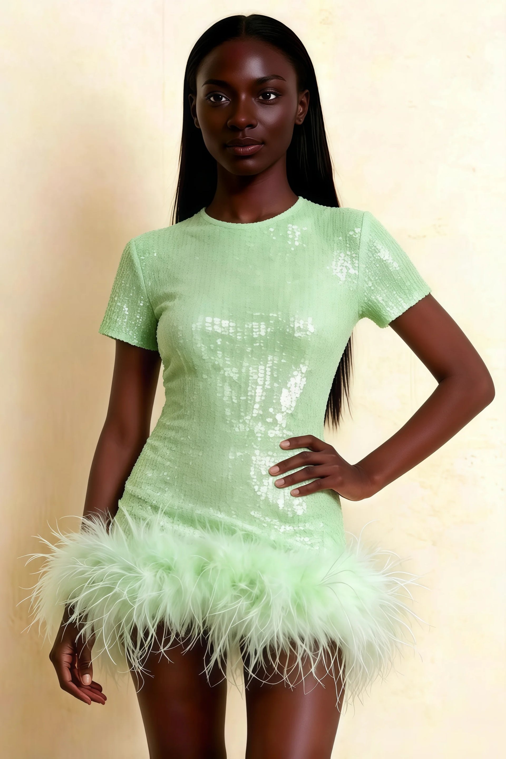 Barbara Mint Sequin Feather Trim Mini Dress with Long Sleeves