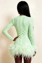 Barbara Mint Sequin Feather Trim Mini Dress with Long Sleeves