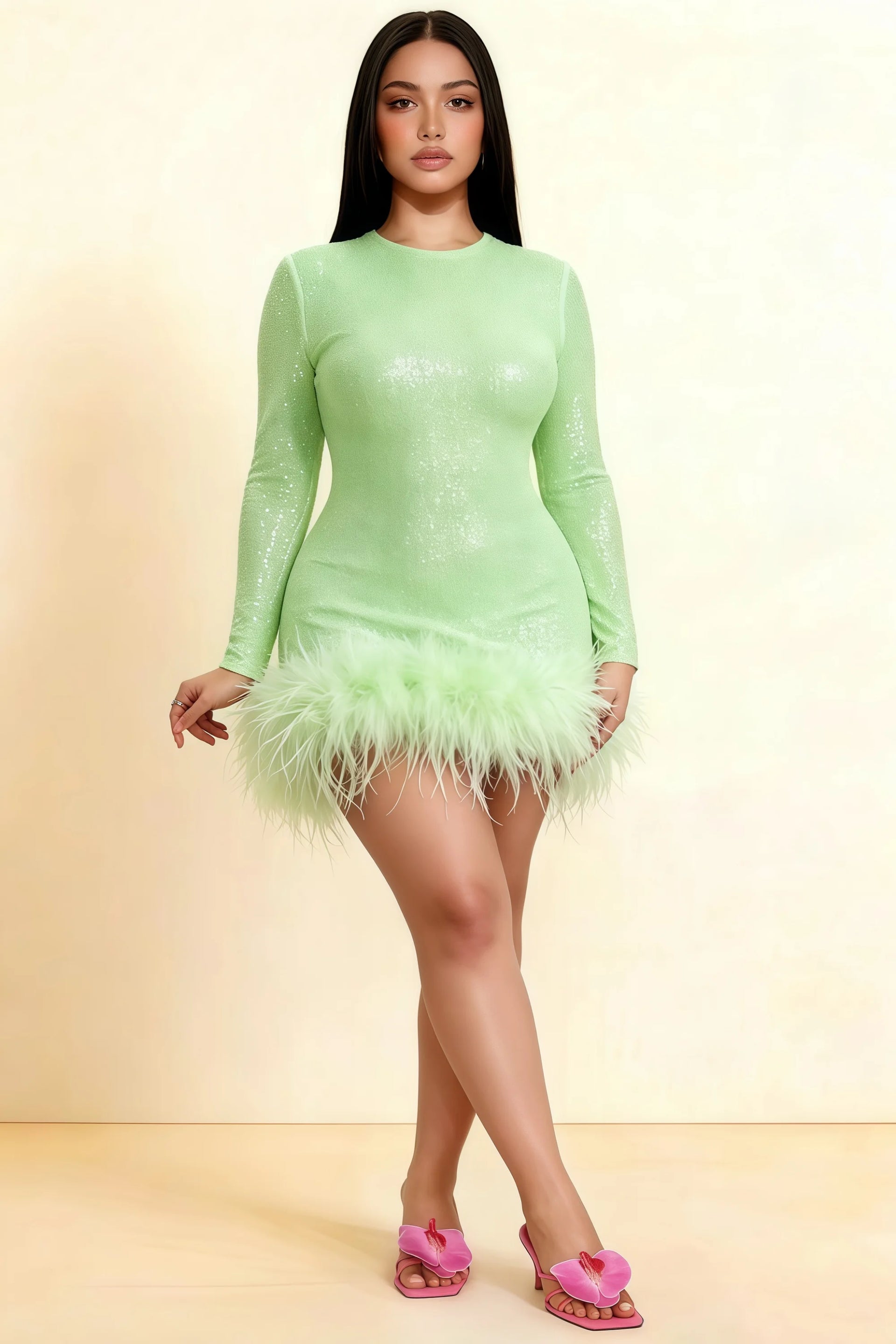 Barbara Mint Sequin Feather Trim Mini Dress with Long Sleeves