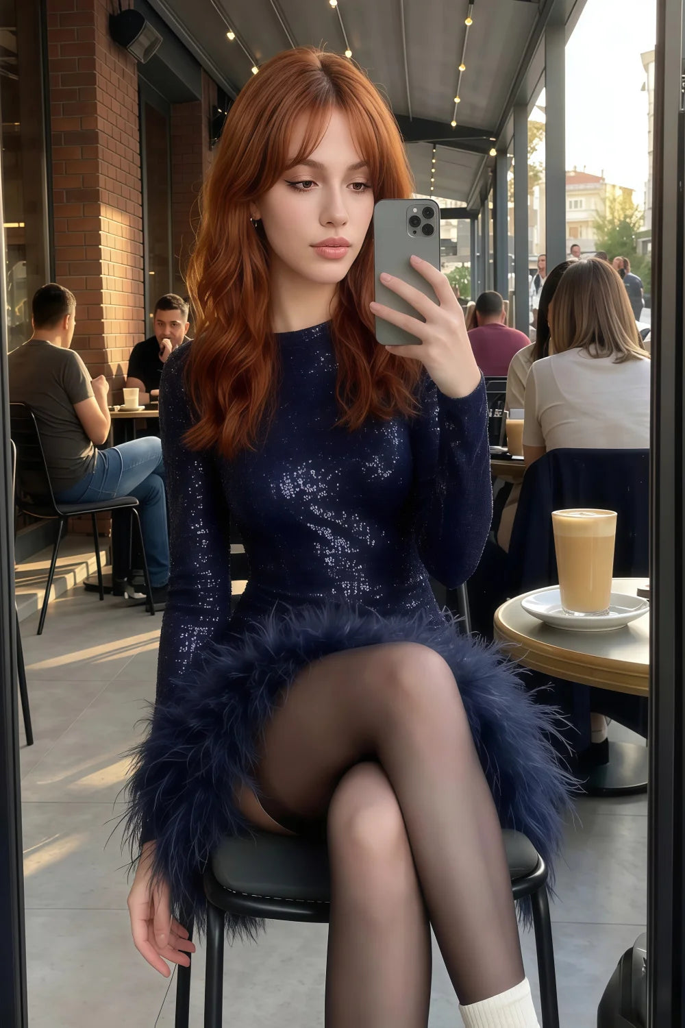 Barbara Navy Sequin Feather Trim Mini Dress with Long Sleeves