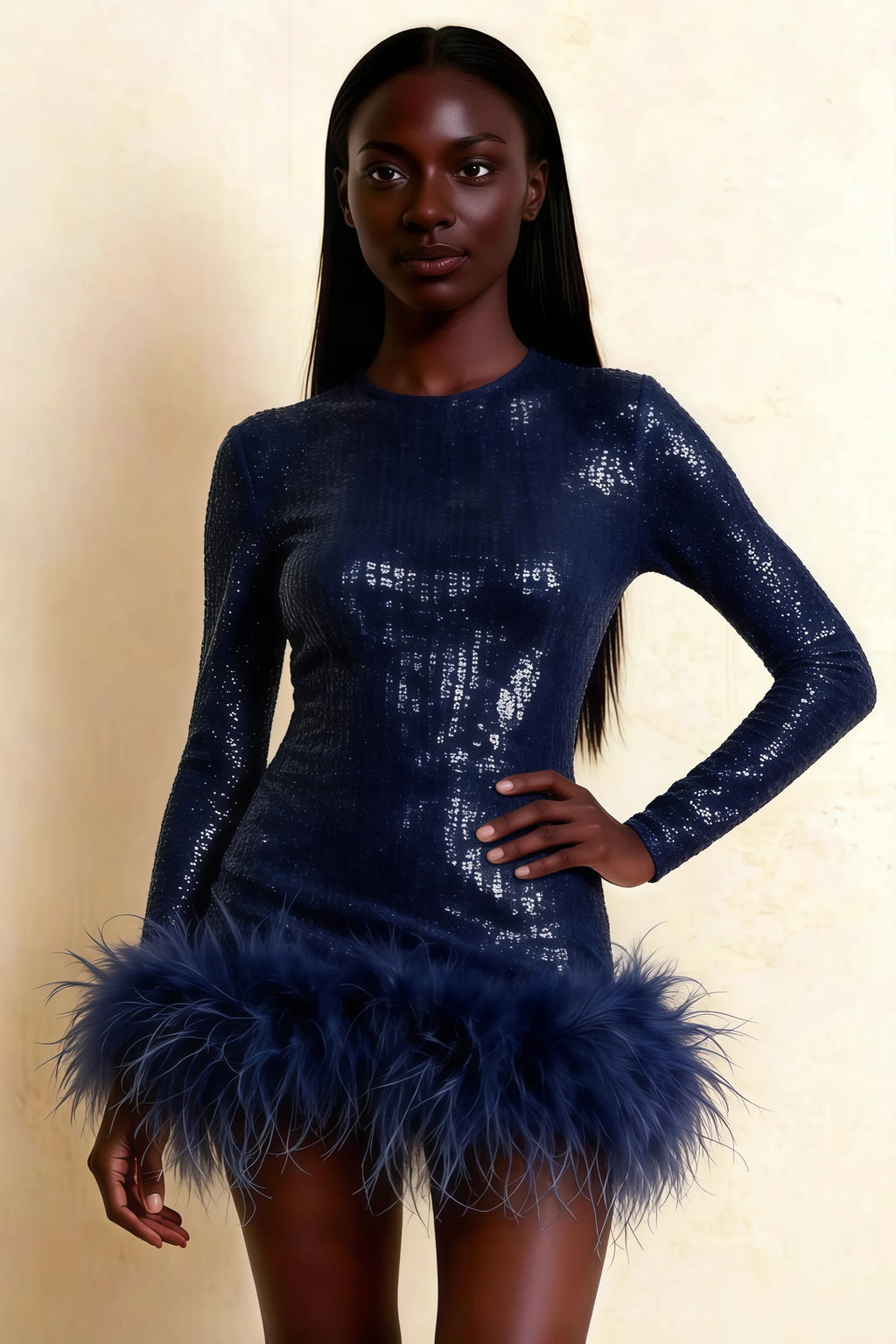 Barbara Navy Sequin Feather Trim Mini Dress with Long Sleeves