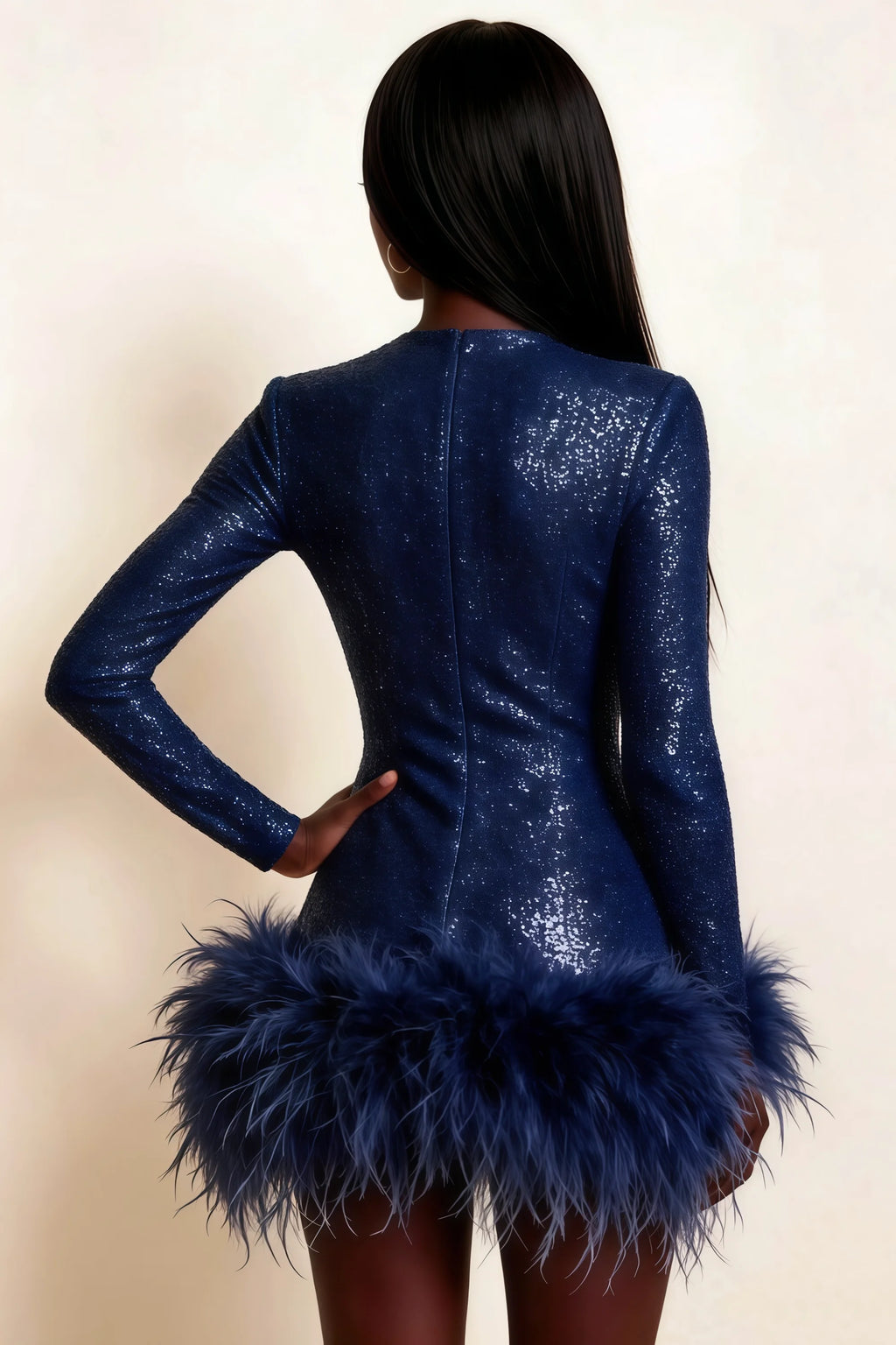 Barbara Navy Sequin Feather Trim Mini Dress with Long Sleeves