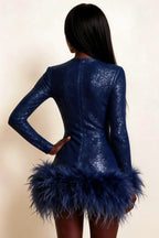 Barbara Navy Sequin Feather Trim Mini Dress with Long Sleeves