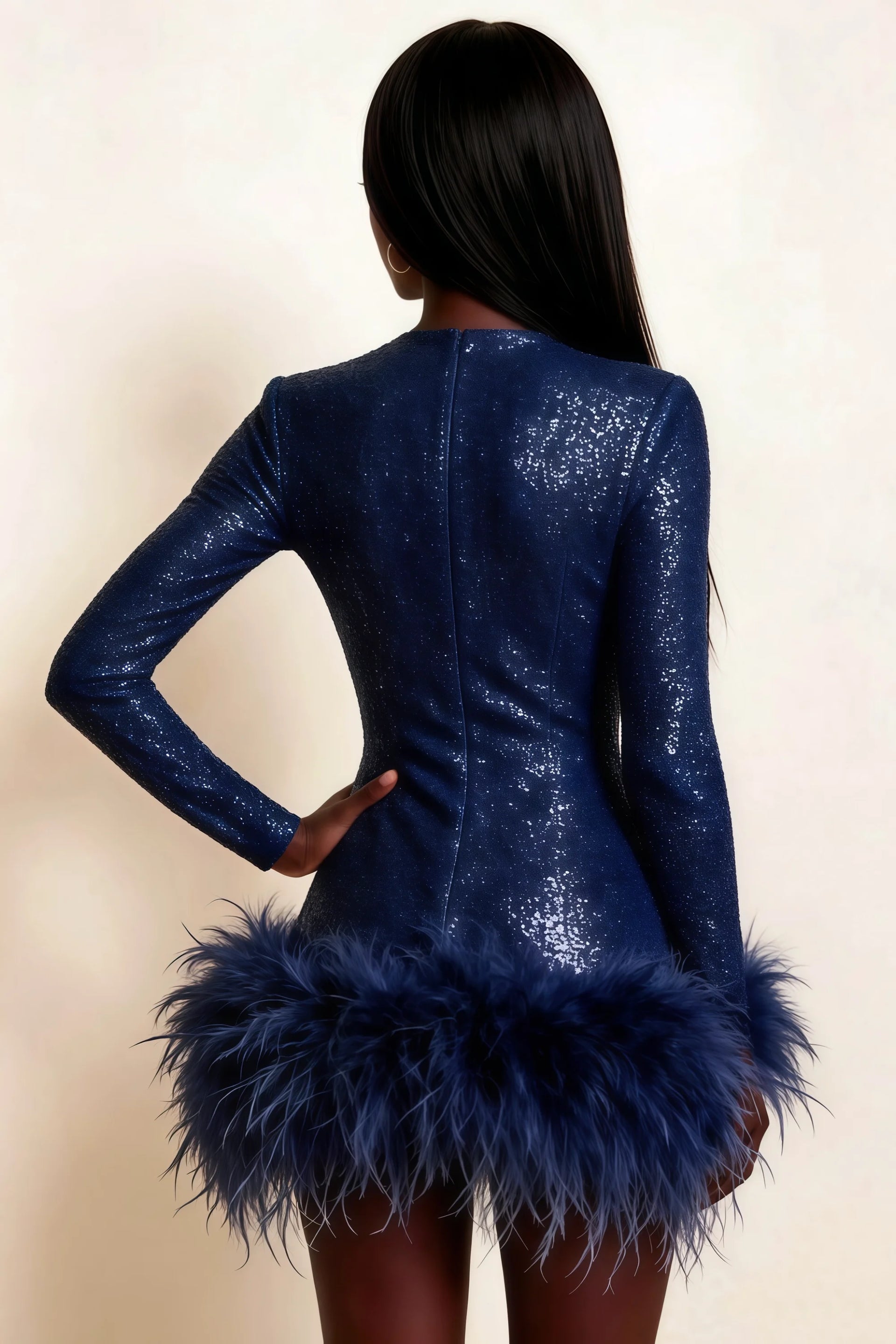 Barbara Navy Sequin Feather Trim Mini Dress with Long Sleeves