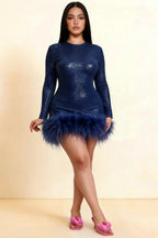 Barbara Navy Sequin Feather Trim Mini Dress with Long Sleeves