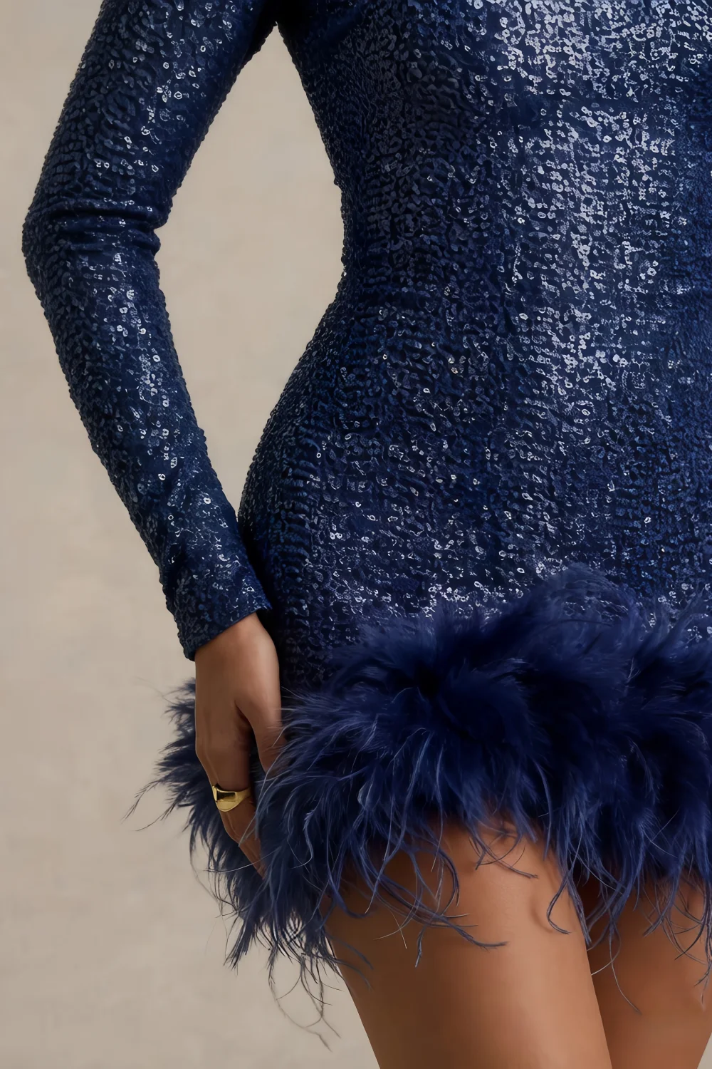 Barbara Navy Sequin Feather Trim Mini Dress with Long Sleeves