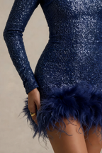 Barbara Navy Sequin Feather Trim Mini Dress with Long Sleeves