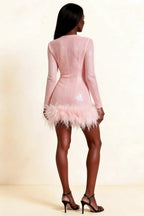 Barbara Pink Sequin Feather Trim Mini Dress with Long Sleeves