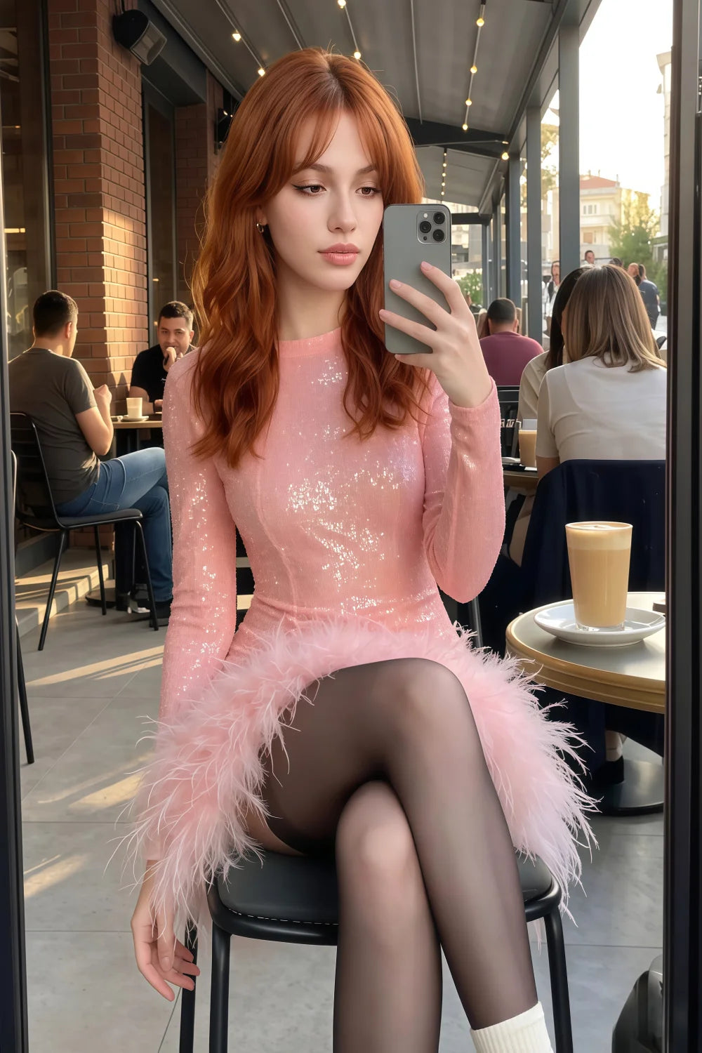 Barbara Pink Sequin Feather Trim Mini Dress with Long Sleeves