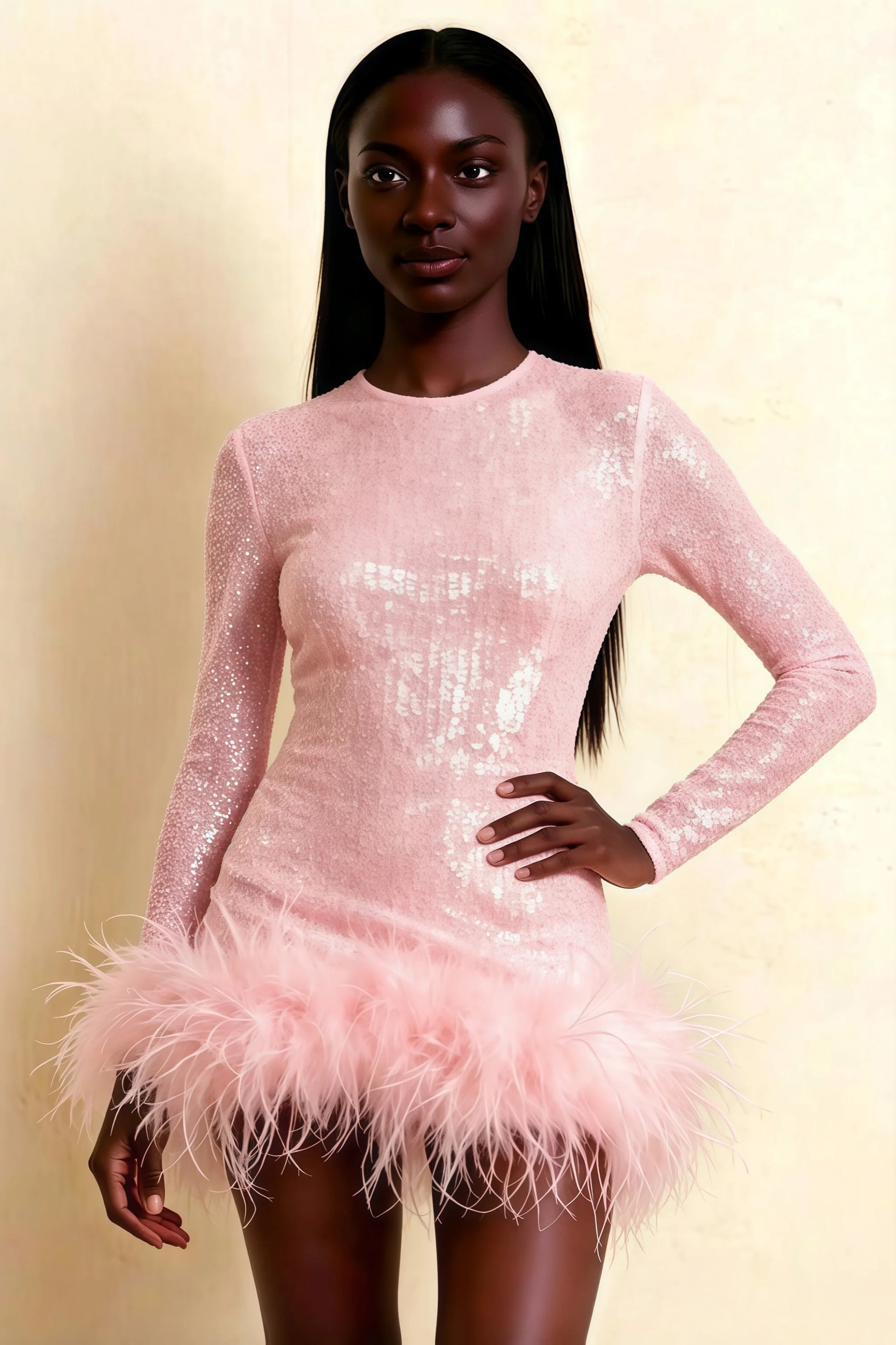 Barbara Pink Sequin Feather Trim Mini Dress with Long Sleeves