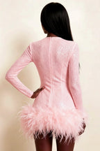 Barbara Pink Sequin Feather Trim Mini Dress with Long Sleeves