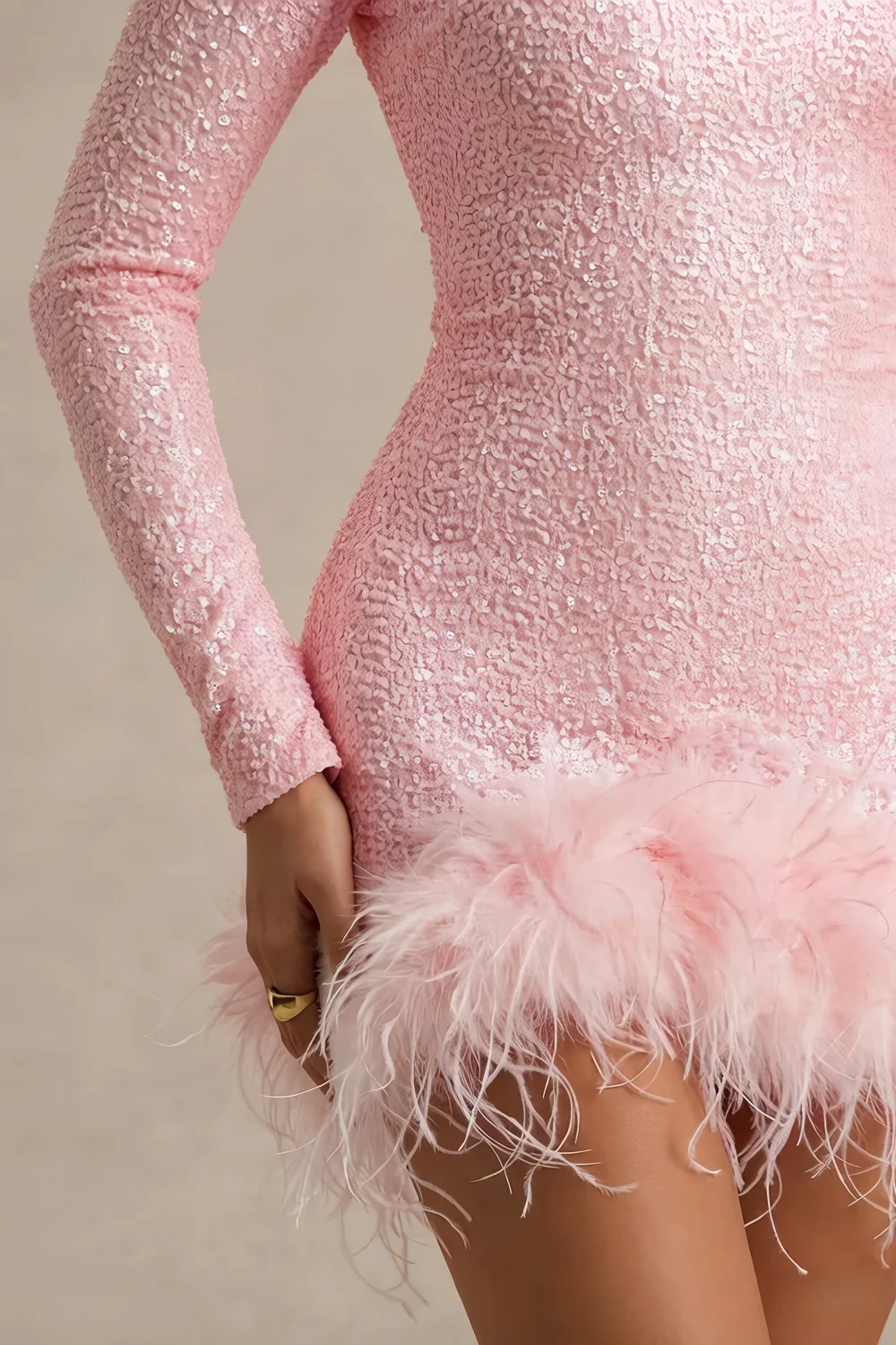 Barbara Pink Sequin Feather Trim Mini Dress with Long Sleeves