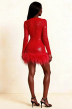 Barbara Red Sequin Feather Trim Mini Dress with Long Sleeves
