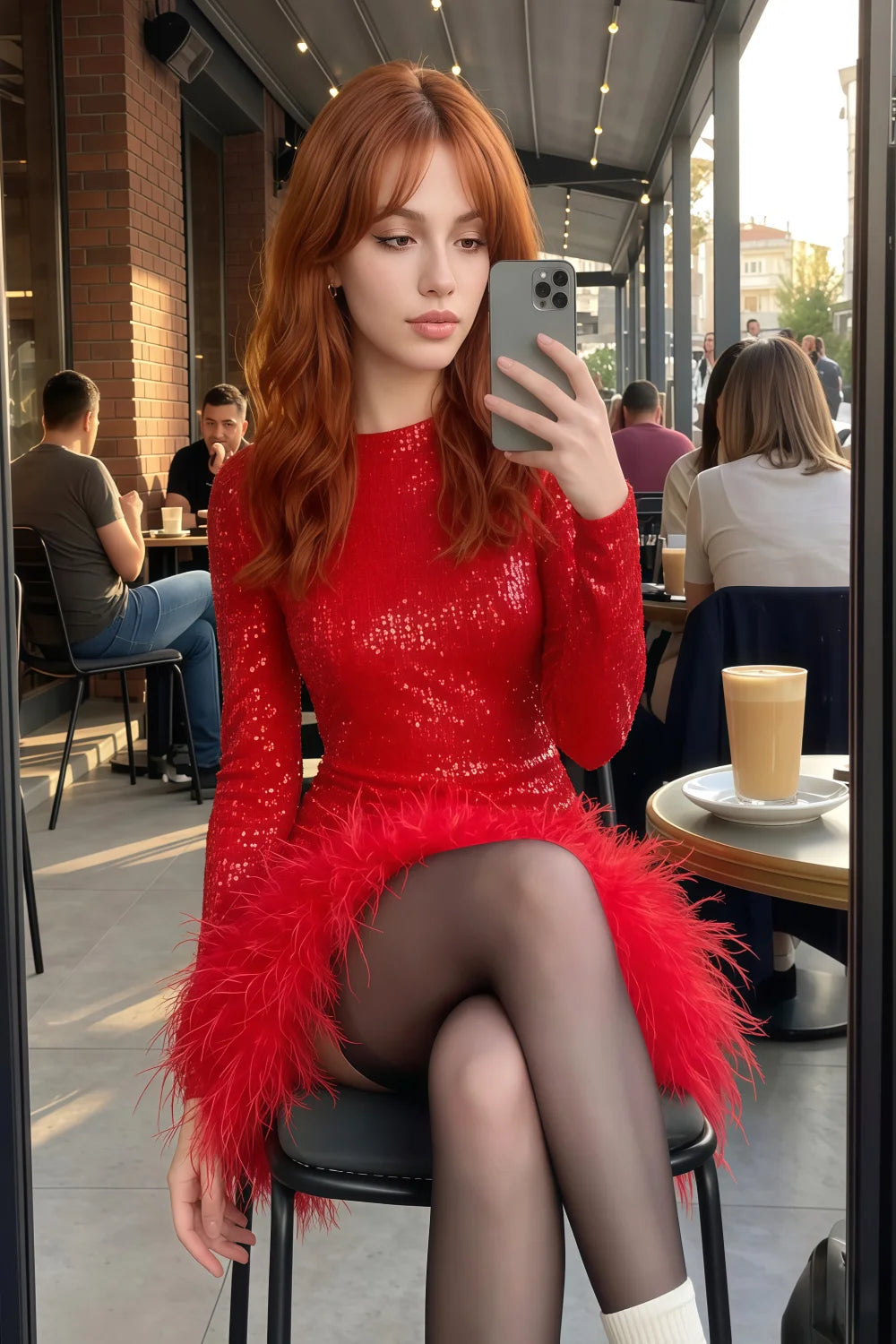 Barbara Red Sequin Feather Trim Mini Dress with Long Sleeves