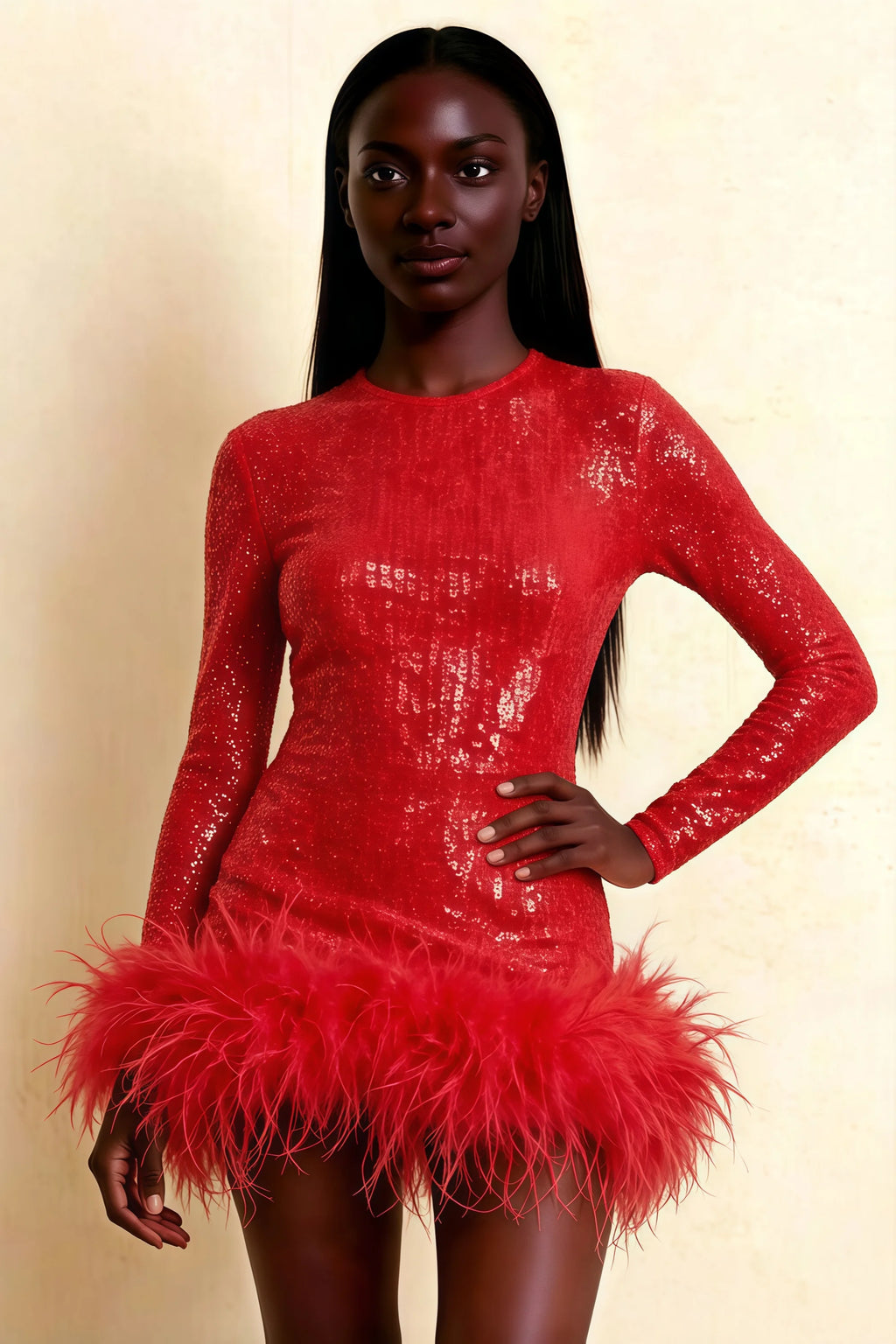 Barbara Red Sequin Feather Trim Mini Dress with Long Sleeves