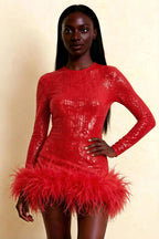 Barbara Red Sequin Feather Trim Mini Dress with Long Sleeves