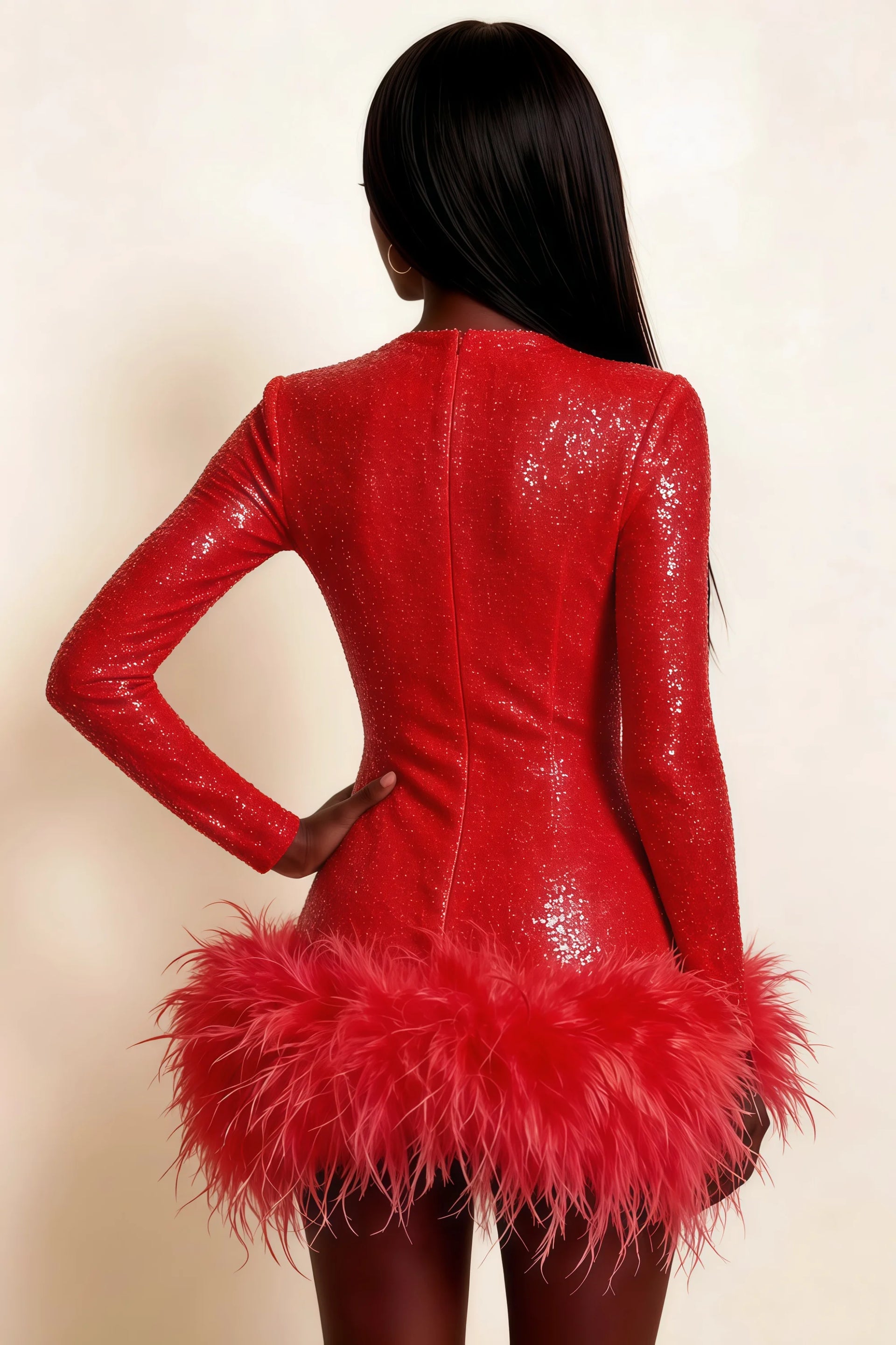 Barbara Red Sequin Feather Trim Mini Dress with Long Sleeves